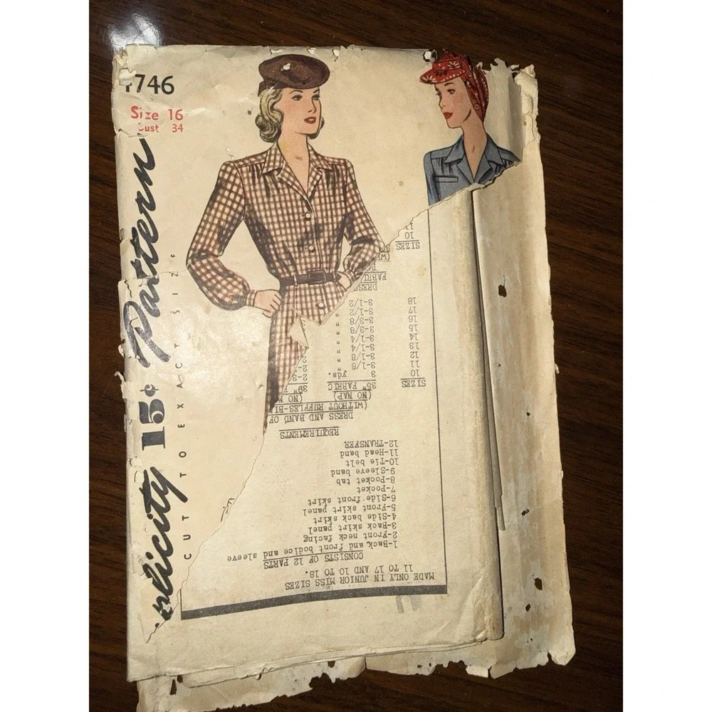 1940s Simplicity sewing pattern number 1746 Dress Size‎ 16 Bust 34